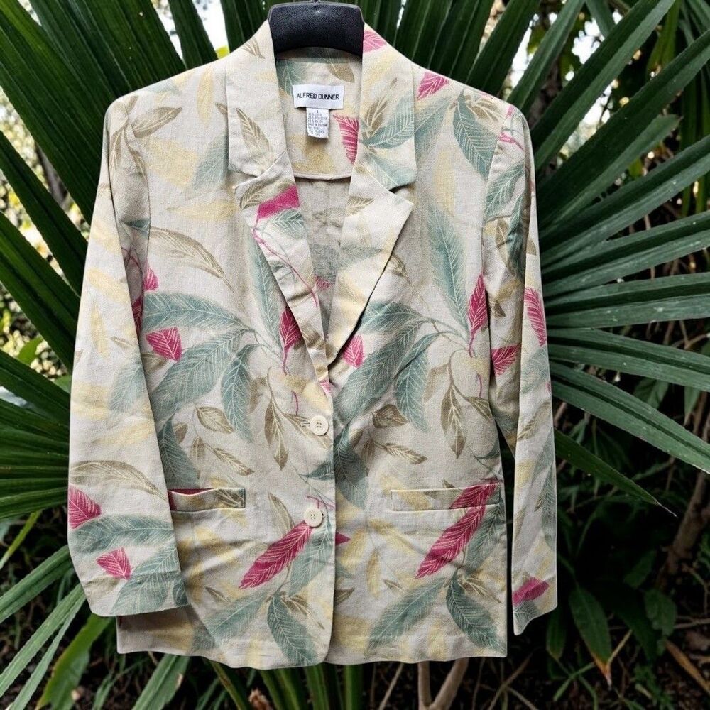 Alfred Dunner Linen Blend Botanical Blazer Womens 8 Beige Green Coastal Retro